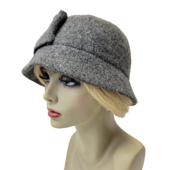 Grey Wool Hat Bow Sequin Accented Cloche Bucket Hat One Size - Picture 3 of 13